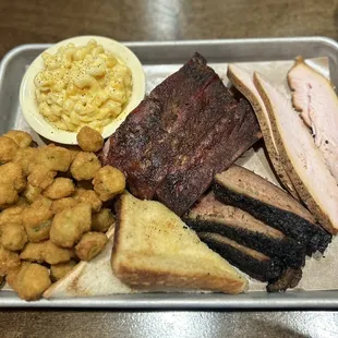 3 Dinner Three Meat Combo: ribs, brisket, turkey w/ mac &amp; okra