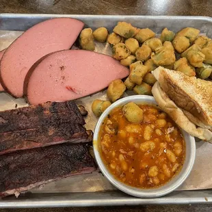 2 meat dinner with ribs and bologna. Beans and fried okra as the sides.