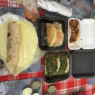 Primo burrito, potato tacos, asada tacos and adobada taco