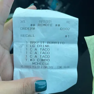 The receipt with our drink on it.