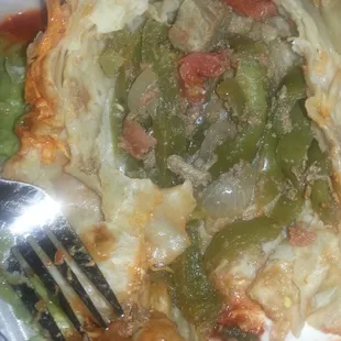 "Shredded beef" chimichanga! All bell pepper and tortilla with trace amounts of beef bits! Horrible horrible horrible