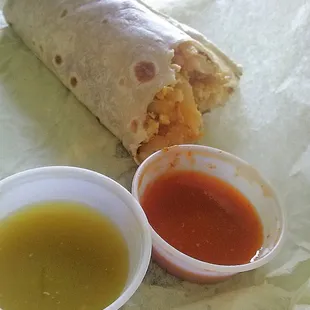 Mmmm...yummy breakfast burrito...love the sauces