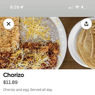 Their Uber Eats menu clearly shows a Plate for the chorizo breakfast. However, what you will actually receive is a burrito...