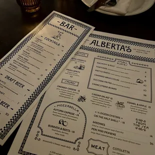 Menu for dinner and drinks