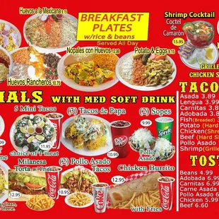 Quick selection of breakfast plates and daily specials, tacos and tostadas