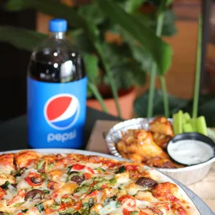 a pizza and a drink