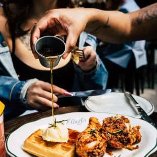chicken and waffles on the patio