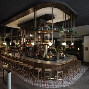 a circular bar with stools