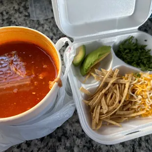 Chicken tortilla soup with all the toppings