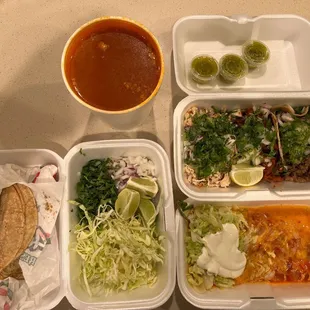 Pozole Soup, chili Chile Relleno, and 3 street tacos which I said no onions and cilantro