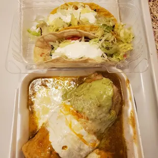 2 fish tacos, one wet green asada burrito