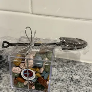 Dino excavation box... Amazing chocolate pieces that are crafted to look like rocks and you get a shovel to dig for a chocolate dinosaur?!??