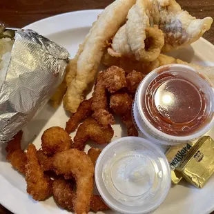 Friday fish fry and shrimp, baked potato side