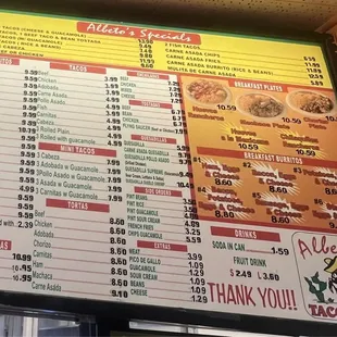 menu and prices