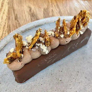 Frozen Halva Bar, Tahini Semifreddo, Dark Chocolate Ganache, Cocoa Nib