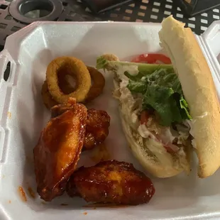 Wings onion rings 1/2 a chicken cheese steak