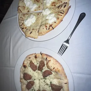 Meatball pizza (substituted red sauce for Alfredo) and Bianca pizza