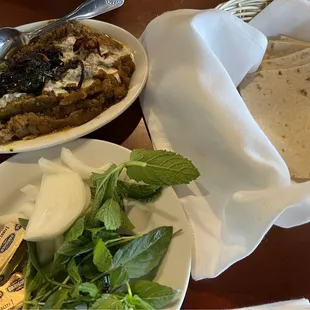 Kashk bodemjan, some herbs, onions, and lavash :)