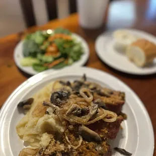 Meatloaf with grilled onions and mushrooms