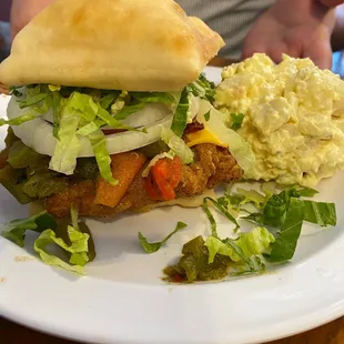 Green Chile Chicken Sammie with Sopapillia instead of hamburger bun