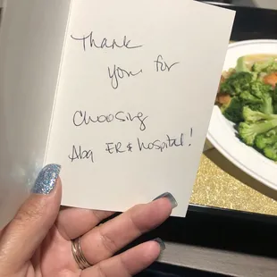 A thank you card from the hospital that they brought with dinner.