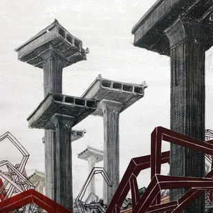 Nicola Lopez; Monument V; 2007; 7-color lithograph with china colle application of various papers and acetates