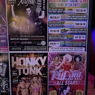 Upcoming shows and event posters.