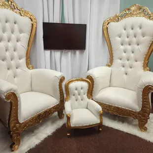 This is our current inventory. Two lovely adult throne chairs and one baby throne chair!
