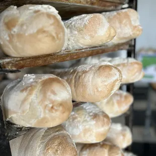 a rack of freshly baked loaves