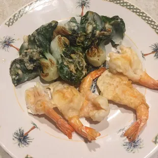 Fried Tempura shrimp and fried bok choy.