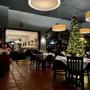 a christmas tree in a restaurant