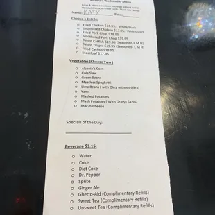 Menu and ordering form