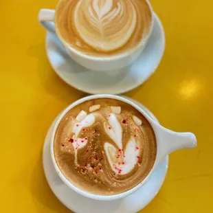 Caramel latte and a peppermint mocha (seasonal)