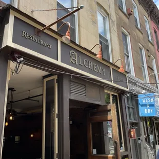 the entrance to a restaurant