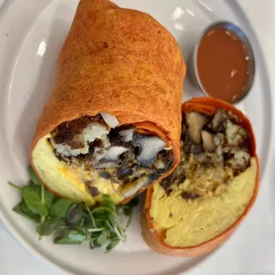 Cowboy Burrito (with veggie option of &apos;Portabello Bacon&apos;!) &amp; hot sauce