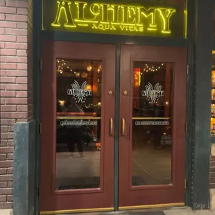 the entrance to a restaurant