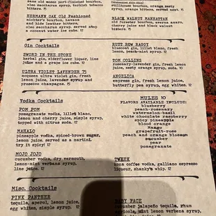 Cocktail menu
