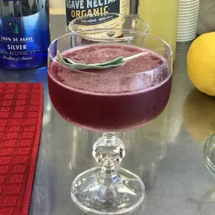 Blue Velvet (gin, Pama, butterfly pea flower tea, blueberry-lavender syrup and lemon juice...AMAZING! From the Sexy Summer Cocktail Class