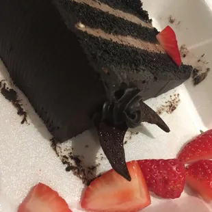 a slice of chocolate cake with strawberries