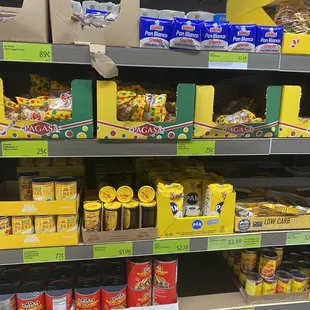 shelves of food in a grocery store