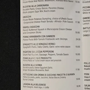 Pasta Menu
