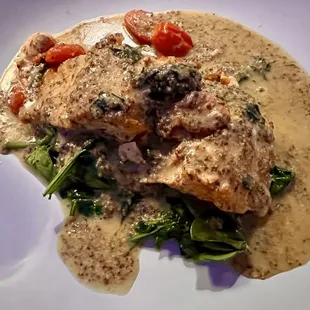 SALMONE ALLA MOSTARDA (They graciously switched out broccoli for spinach) It was heavenly!