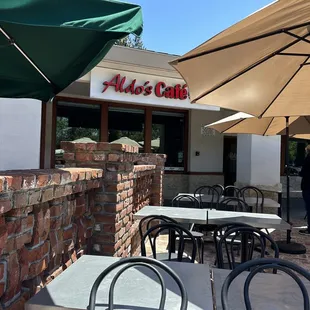 tables and umbrellas outside