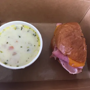 Perfect to go- Lunch combo: New England clam chowder plus ham and cheese sandwich