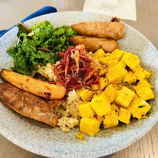 Vegan Breakfast Protein Bowl: Scrambled Tofu, Sausage, Quinoa, Sweet Potatoes, Chard, Kale, Carrots, Carrot-Ginger Dressing
