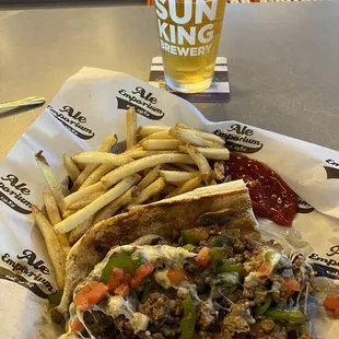 Philly Steak and Fries and an awesome Sun King Beer