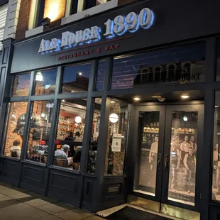 Street view of store front at night