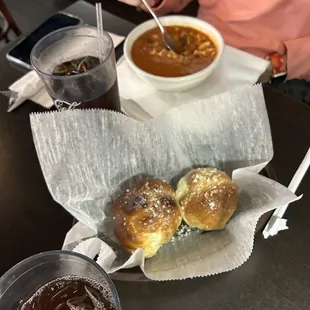 Soup with garlic knots and half sub lunch.