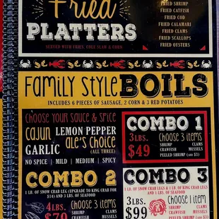 menu for fried platters