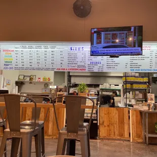 a restaurant with a menu on the wall